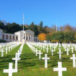 Rows of grave markers and chapel at Suresnes American Cemetery