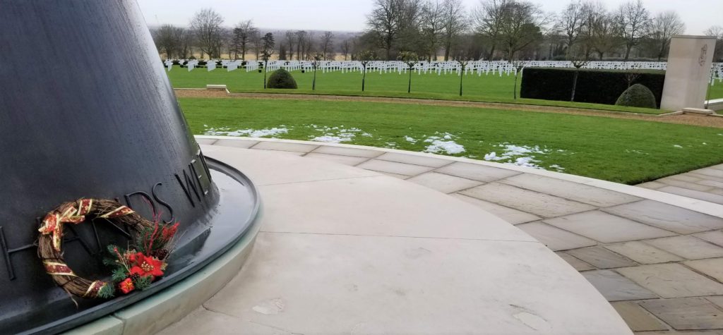 Cambridge American Cemetery markers with a Christmas Wreath