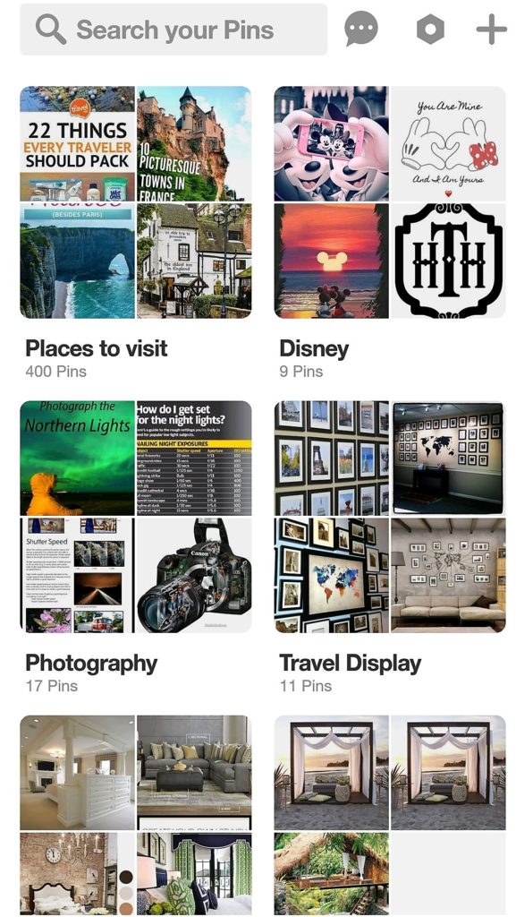 Pinterest page showing boards