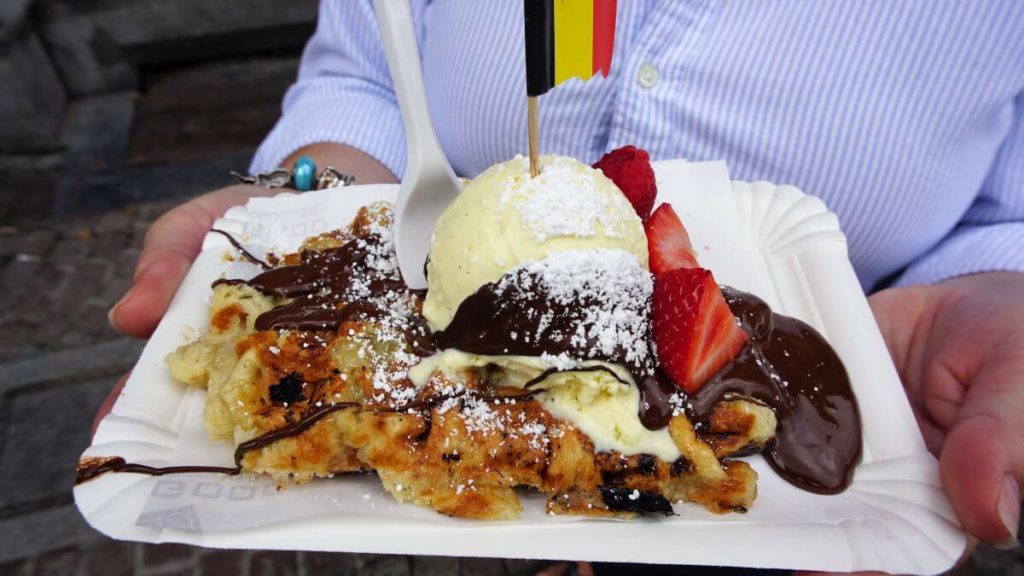 Belgian Waffle with ice cream, fruit and chocolate