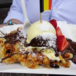 Belgian Waffle with ice cream, fruit and chocolate