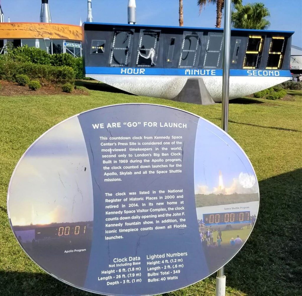 The original go for launch countdown clock sitting at the entrance to kennedy space center