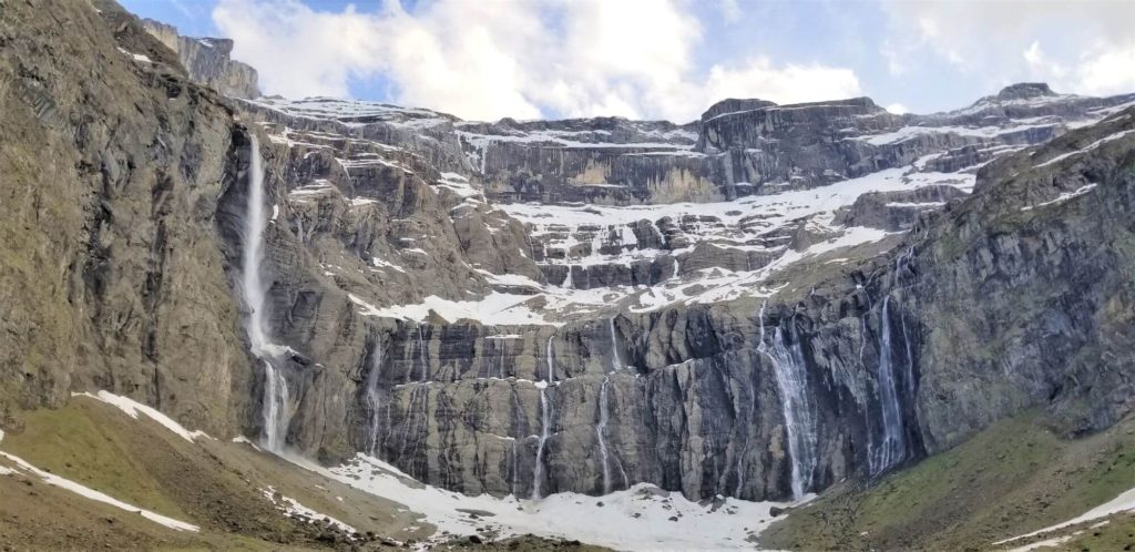 Cirque de Gavarnie with snow and waterfalls
