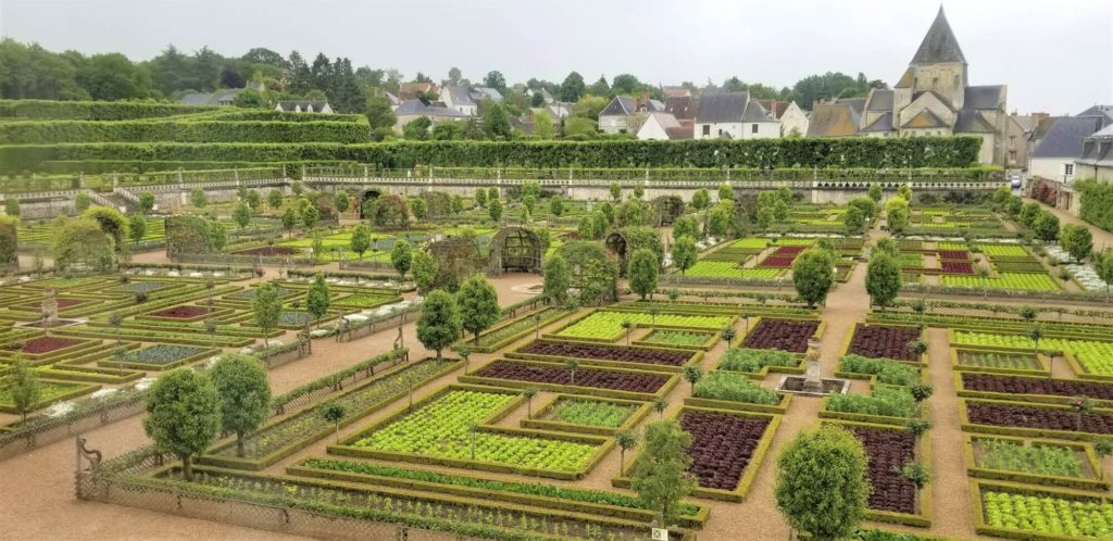 flower beds and trees in the garden of chateau villandry in the french countryside